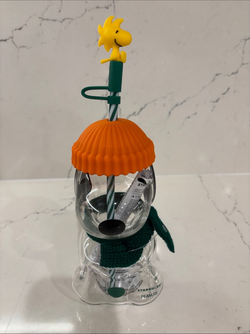 Starbucks × Peanuts Snoopy Glass Cup with Woodstock Straw Clip New